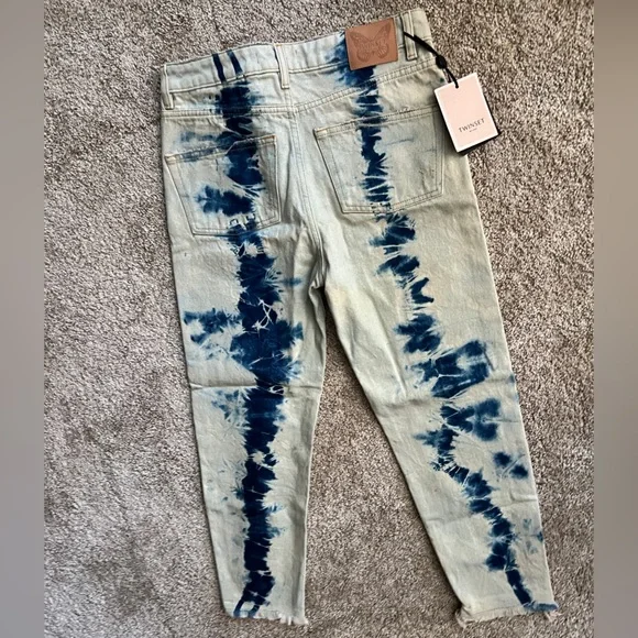 TWINSET Milano Women’s Blue Tie-Dye Barrel-Leg Embroidered Designer Jeans Sz 27 - Picture 2 of 6